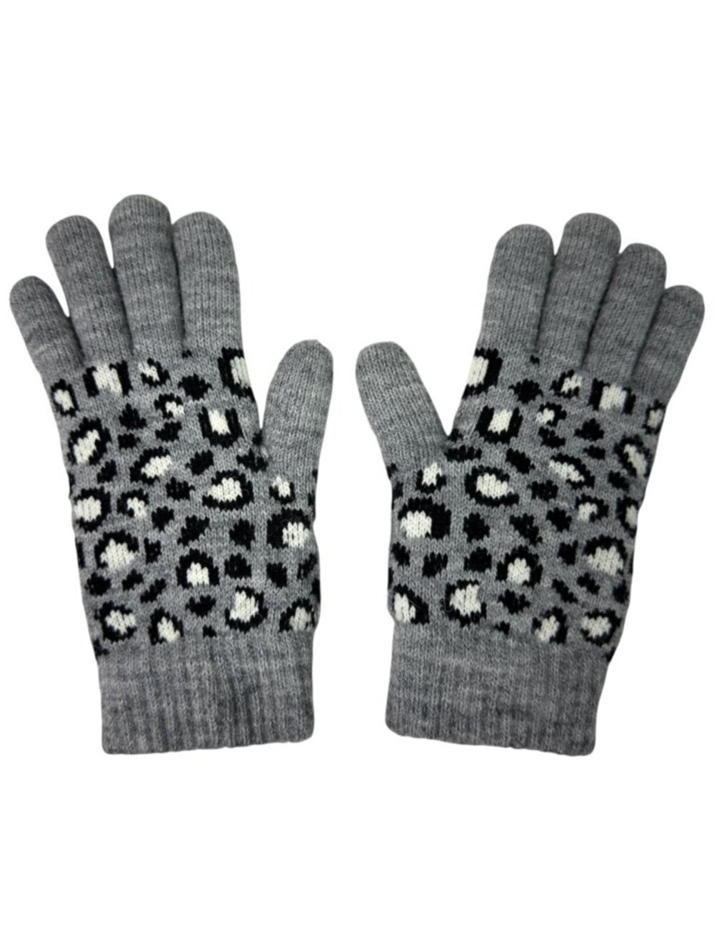 Women’s Gray Leopard Print Knit Winter Gloves Fleece Lined